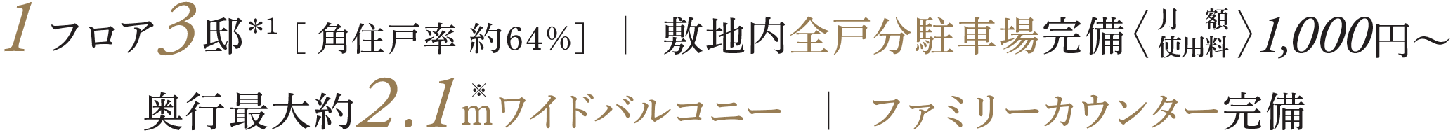 1フロア3邸＊1 [角住戸率 約６４％] 敷地内全戸分駐車場完備 月額使用料1,000円〜 奥行最大約2.1ｍワイドバルコニー ファミリーカウンター完備