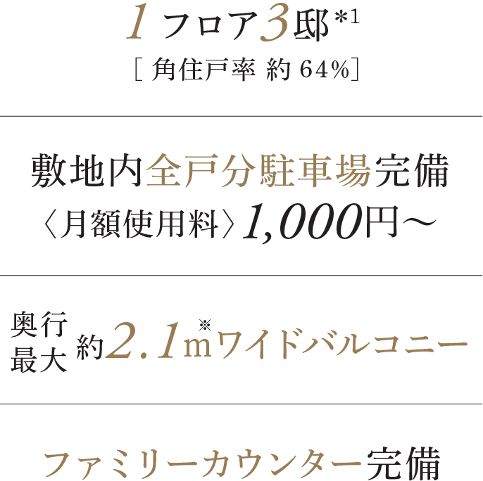 1フロア3邸＊1 [角住戸率 約６４％] 敷地内全戸分駐車場完備 月額使用料1,000円〜 奥行最大約2.1ｍワイドバルコニー ファミリーカウンター完備