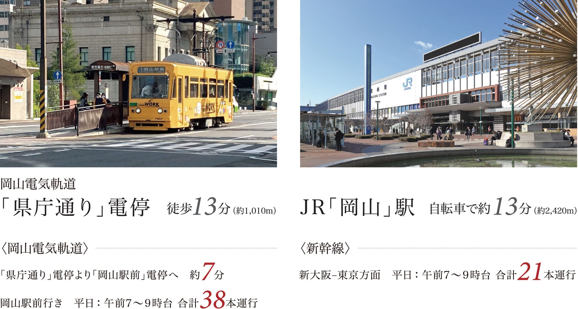岡山電気軌道 「県庁通り」電停 徒歩13分（約1,010m） 〈岡山電気軌道〉「県庁通り」電停より「岡山駅前」電停へ　約7分 岡山駅前行き　平日：午前7〜9時台 合計38本運行 JR「岡山」駅 自転車で約13分（約2,420m） 〈新幹線〉新大阪-東京方面　平日：午前7〜9時台 合計21本運行