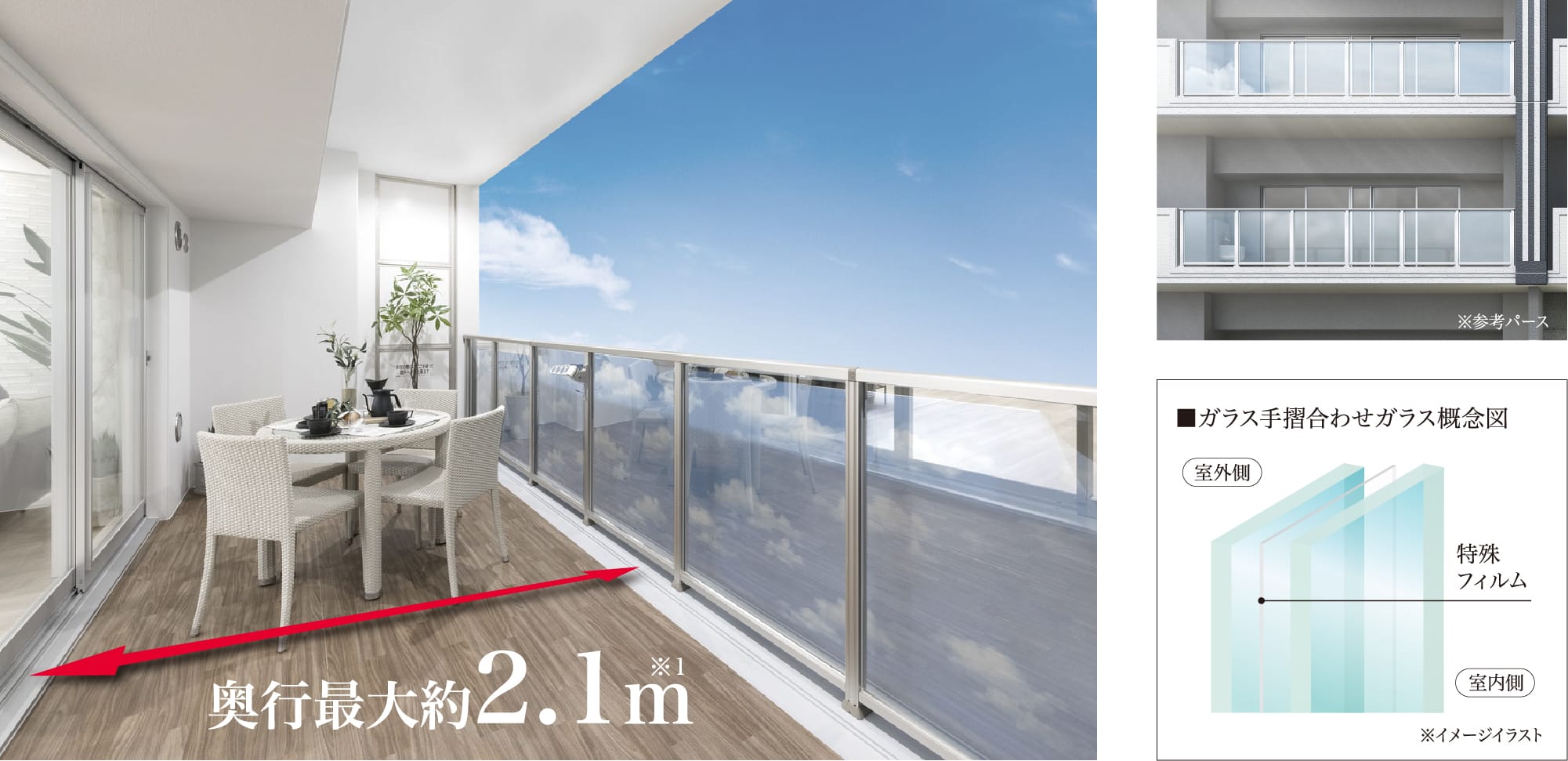 奥行き最大約2.15m ガラス手摺合わせガラス概念図